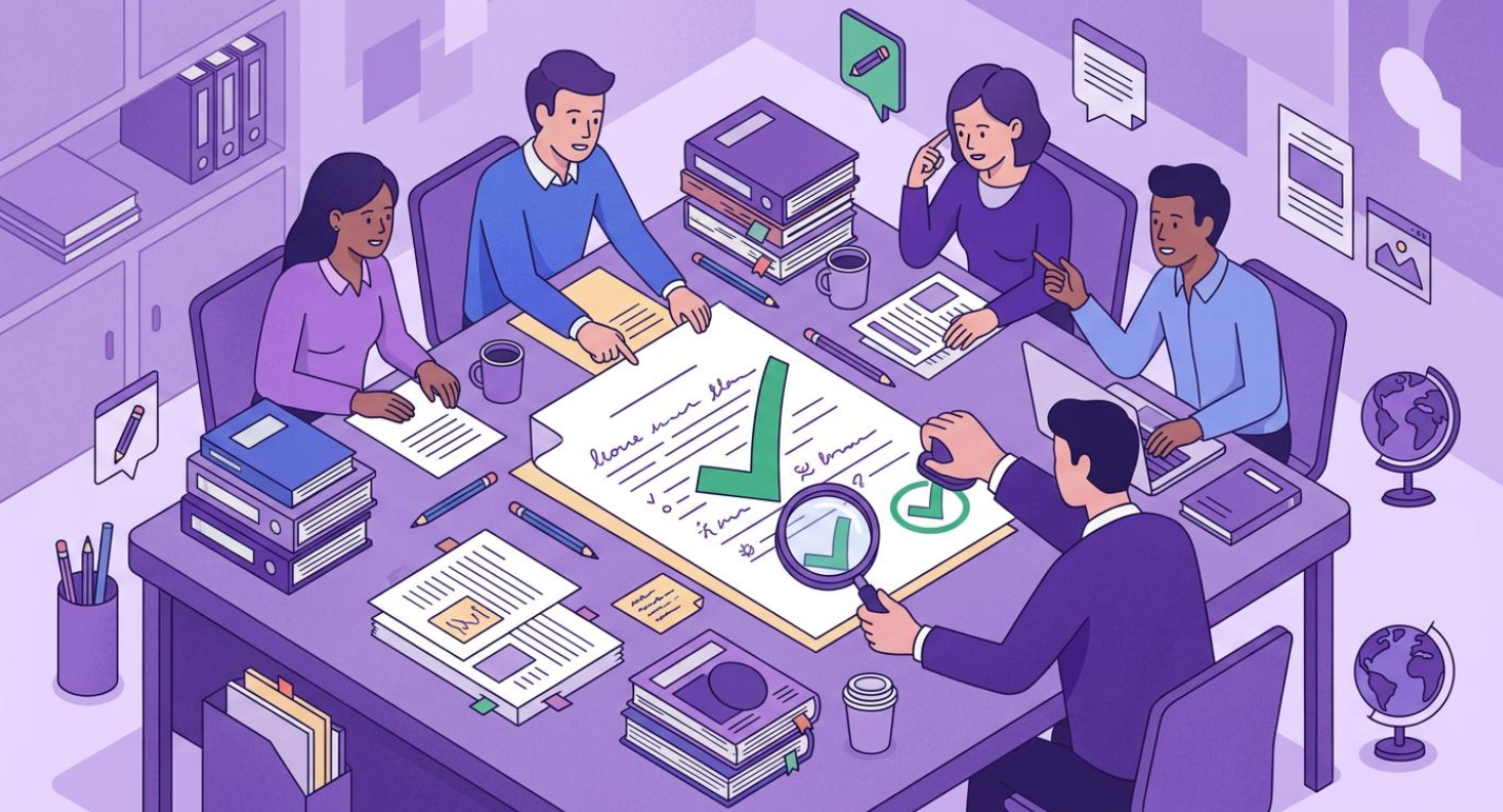 Illustration of colleagues in a meeting reviewing and approving a document.