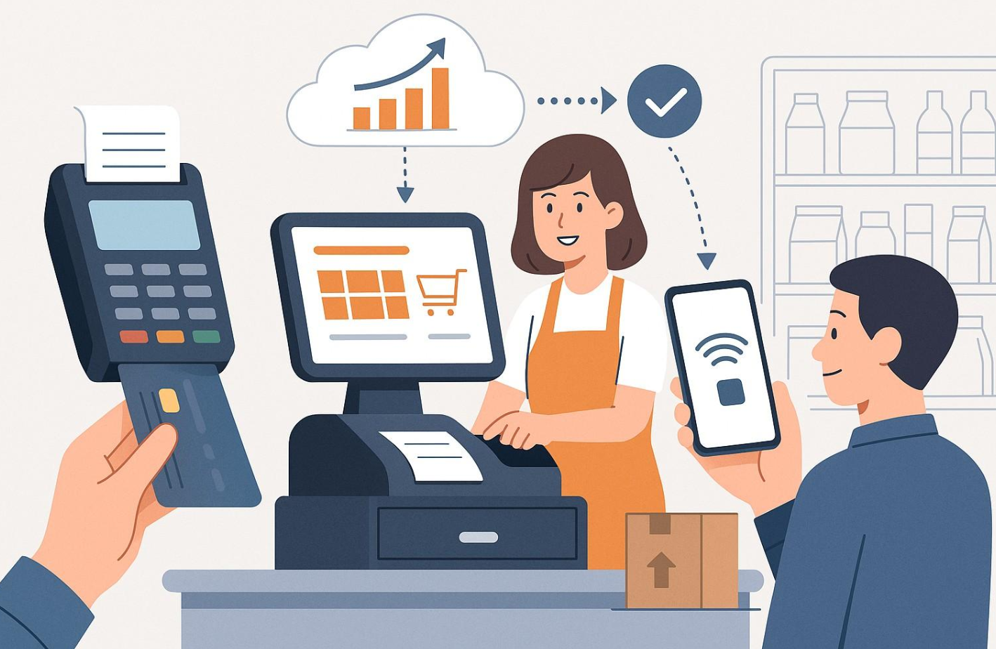 Illustration of a retail checkout with an EFTPOS terminal, contactless payment and a growth-chart icon.