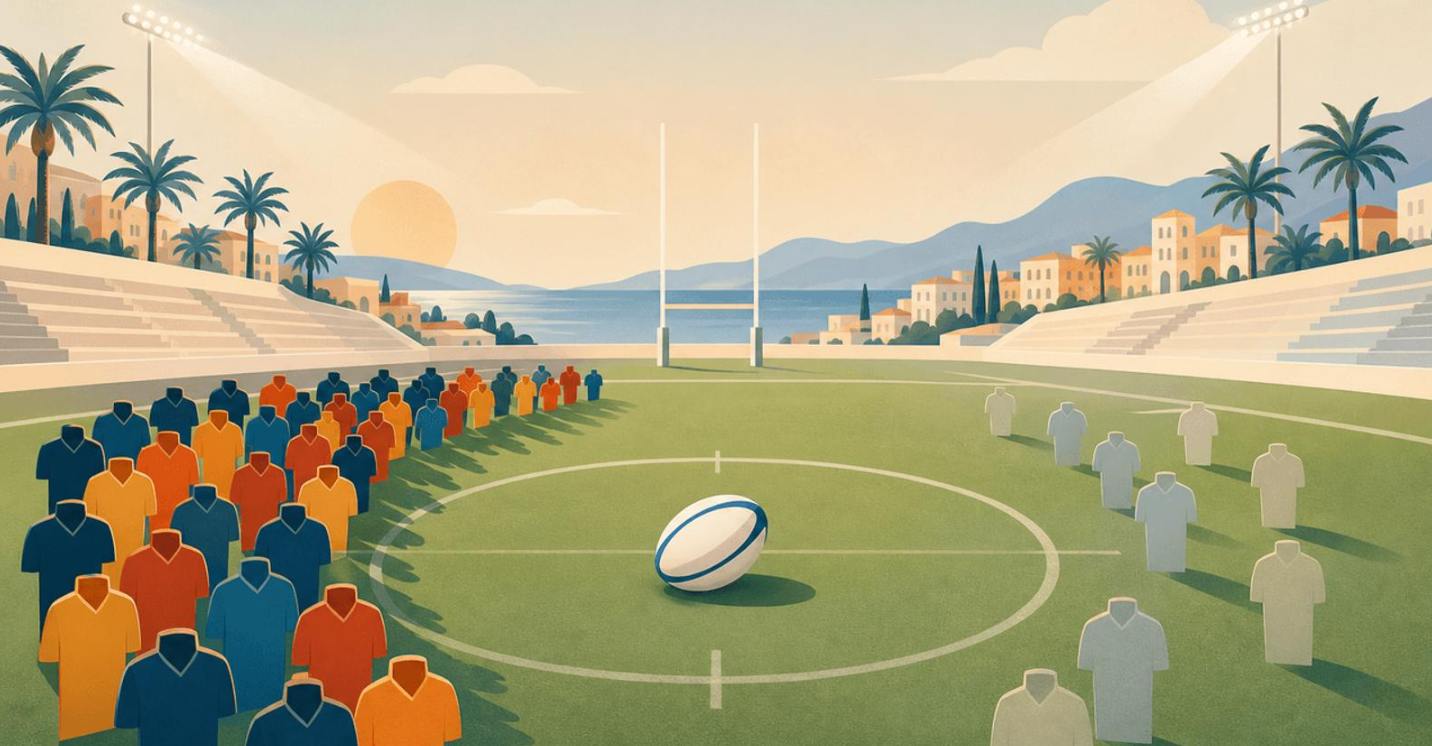 Illustration of two rugby teams lined up on a pitch at sunset, with a stadium and coastal town in the background.
