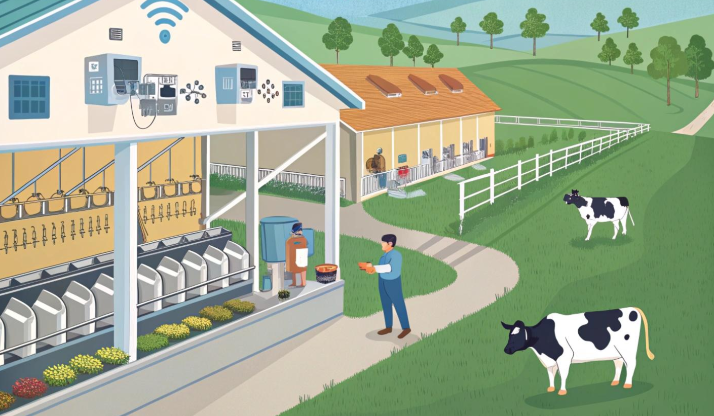 Illustration of a dairy farm milking shed with IoT sensors, two cows and surrounding pasture.